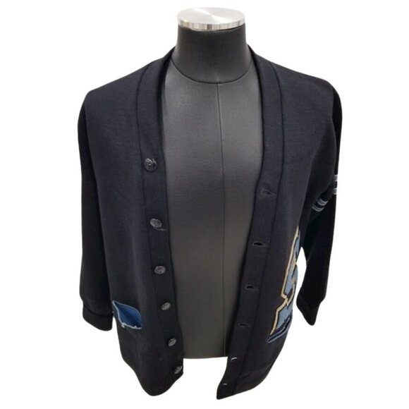Vintage Whiting 1960's Men's Wool Navy Letterman Cardigan Sweater Size L - Picture 2 of 12
